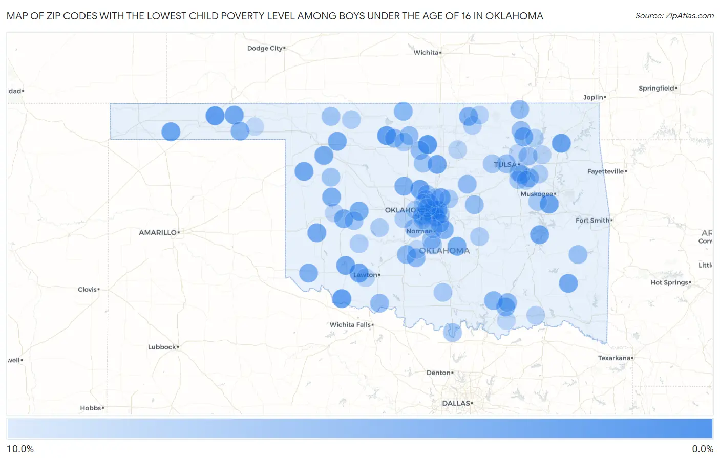 Zip Codes with the Lowest Child Poverty Level Among Boys Under the Age of 16 in Oklahoma Map