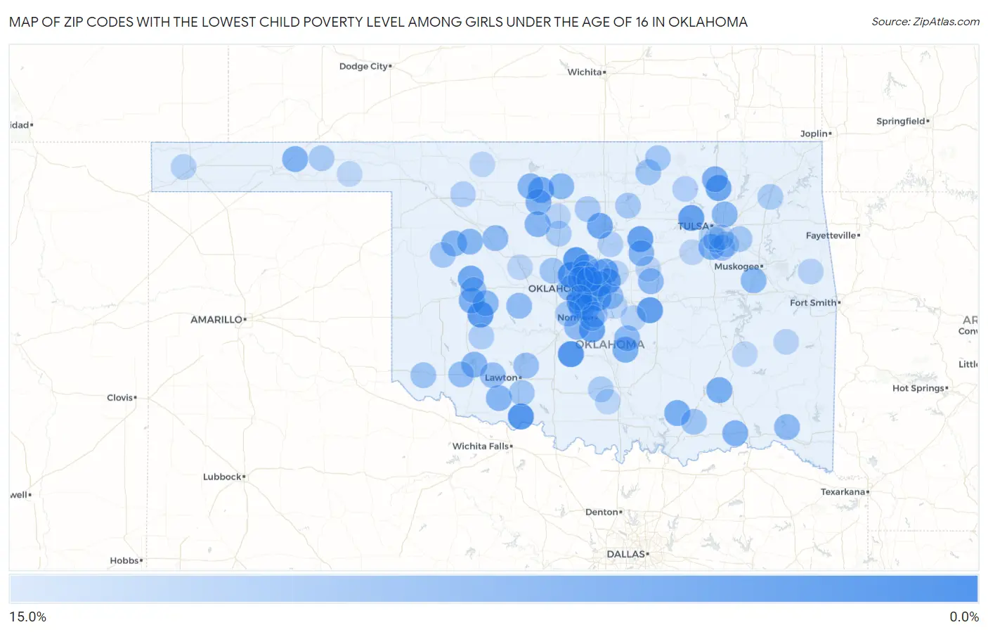 Zip Codes with the Lowest Child Poverty Level Among Girls Under the Age of 16 in Oklahoma Map