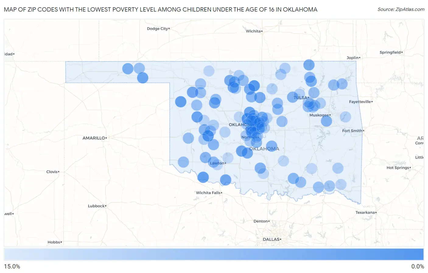Zip Codes with the Lowest Poverty Level Among Children Under the Age of 16 in Oklahoma Map
