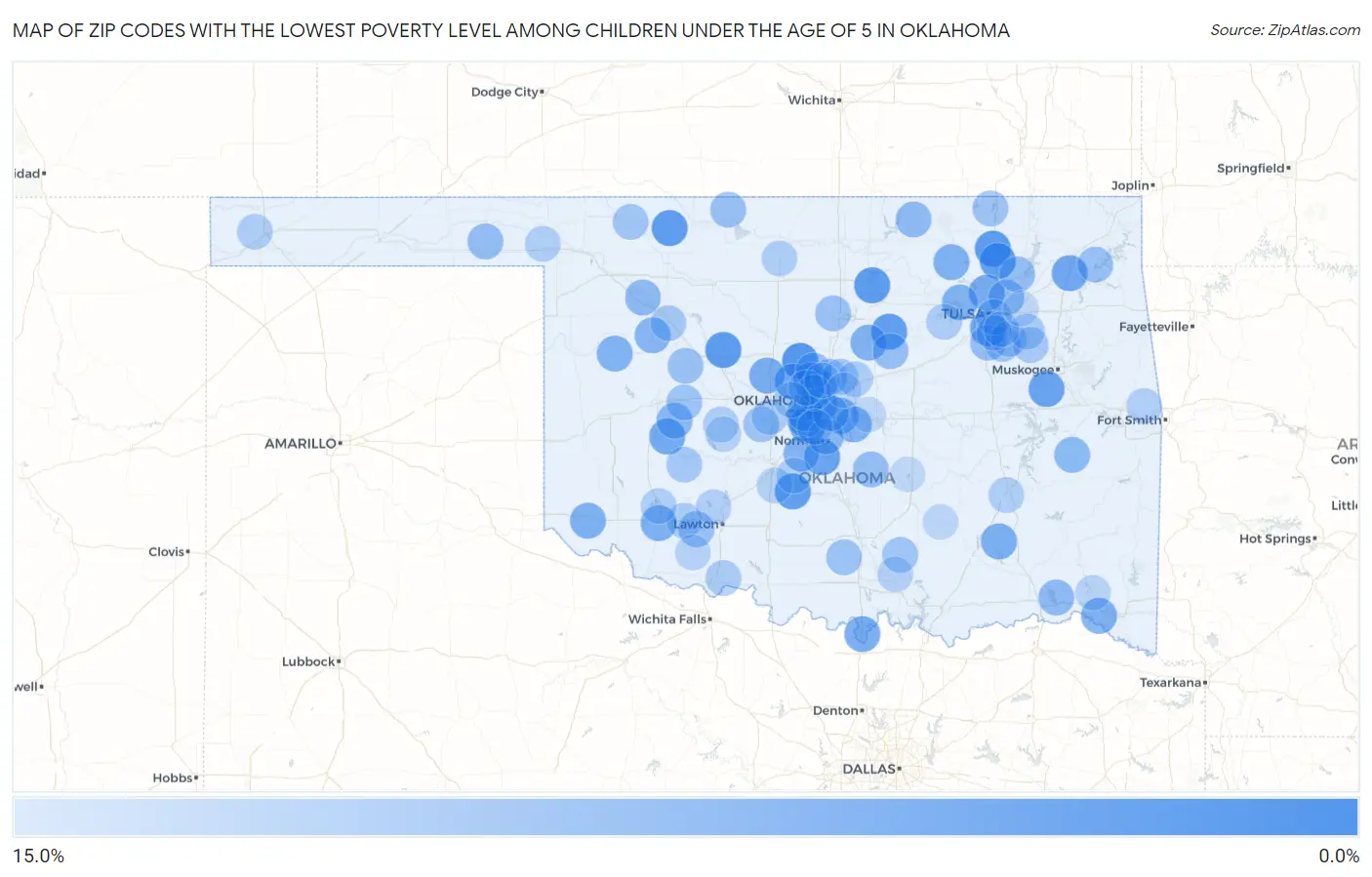 Zip Codes with the Lowest Poverty Level Among Children Under the Age of 5 in Oklahoma Map
