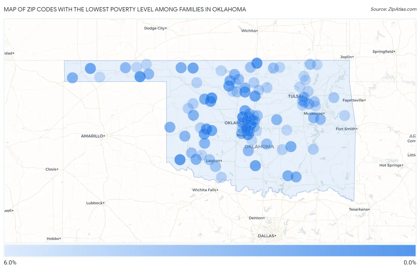 Zip Codes with the Lowest Poverty Level Among Families in Oklahoma Map