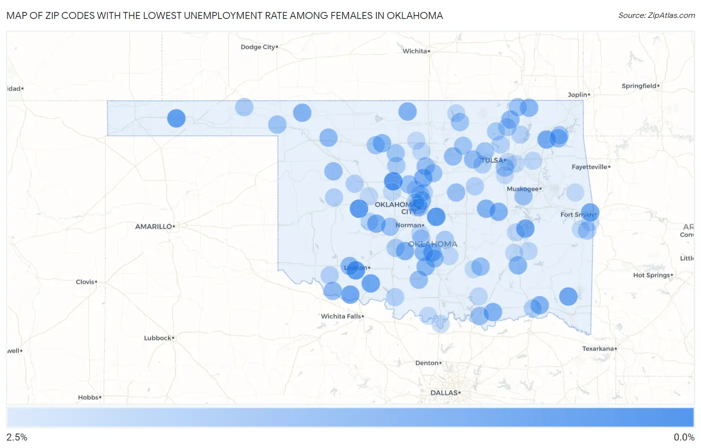 Zip Codes with the Lowest Unemployment Rate Among Females in Oklahoma Map