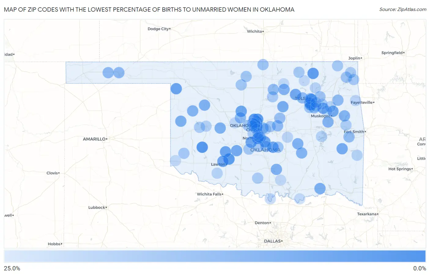 Zip Codes with the Lowest Percentage of Births to Unmarried Women in Oklahoma Map