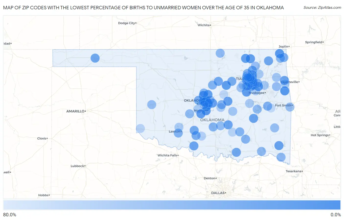 Zip Codes with the Lowest Percentage of Births to Unmarried Women over the Age of 35 in Oklahoma Map