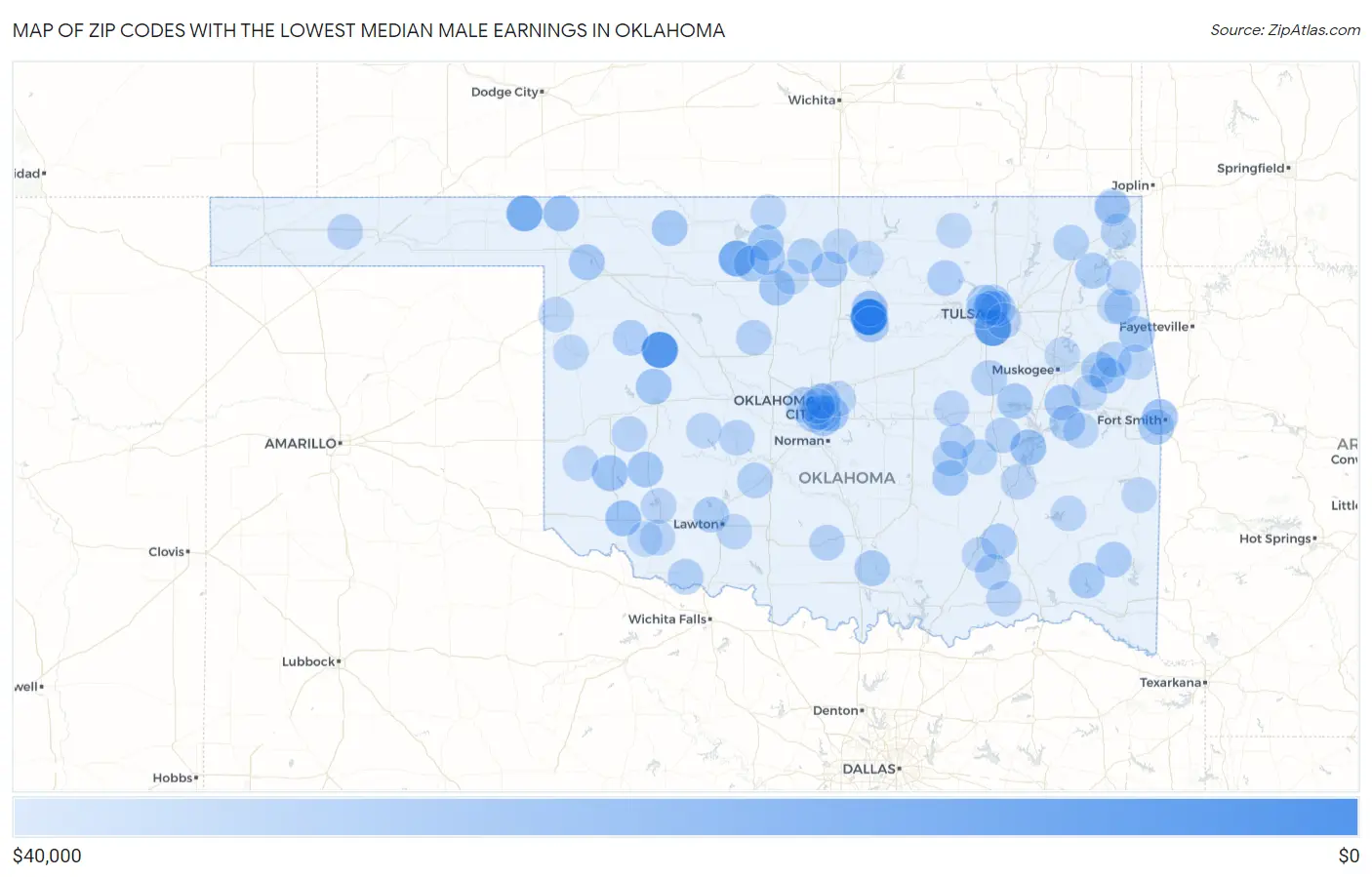 Zip Codes with the Lowest Median Male Earnings in Oklahoma Map