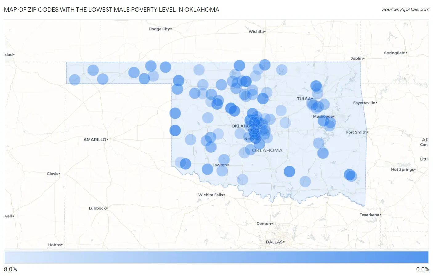 Zip Codes with the Lowest Male Poverty Level in Oklahoma Map