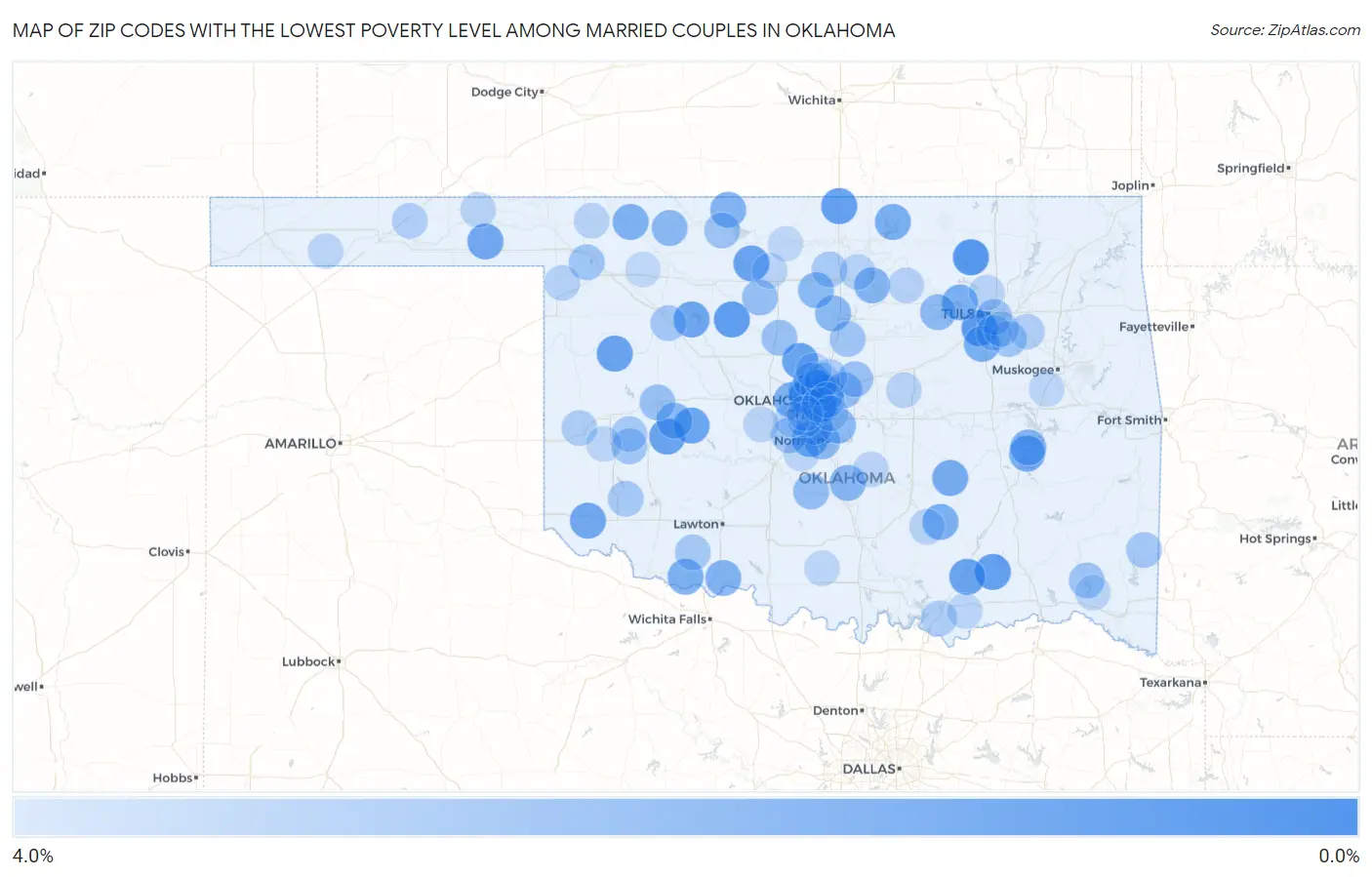 Zip Codes with the Lowest Poverty Level Among Married Couples in Oklahoma Map