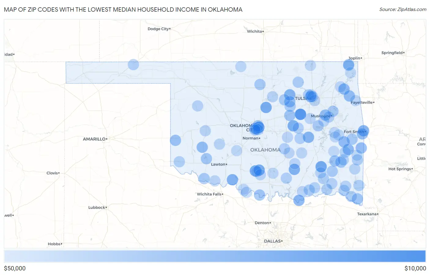Zip Codes with the Lowest Median Household Income in Oklahoma Map