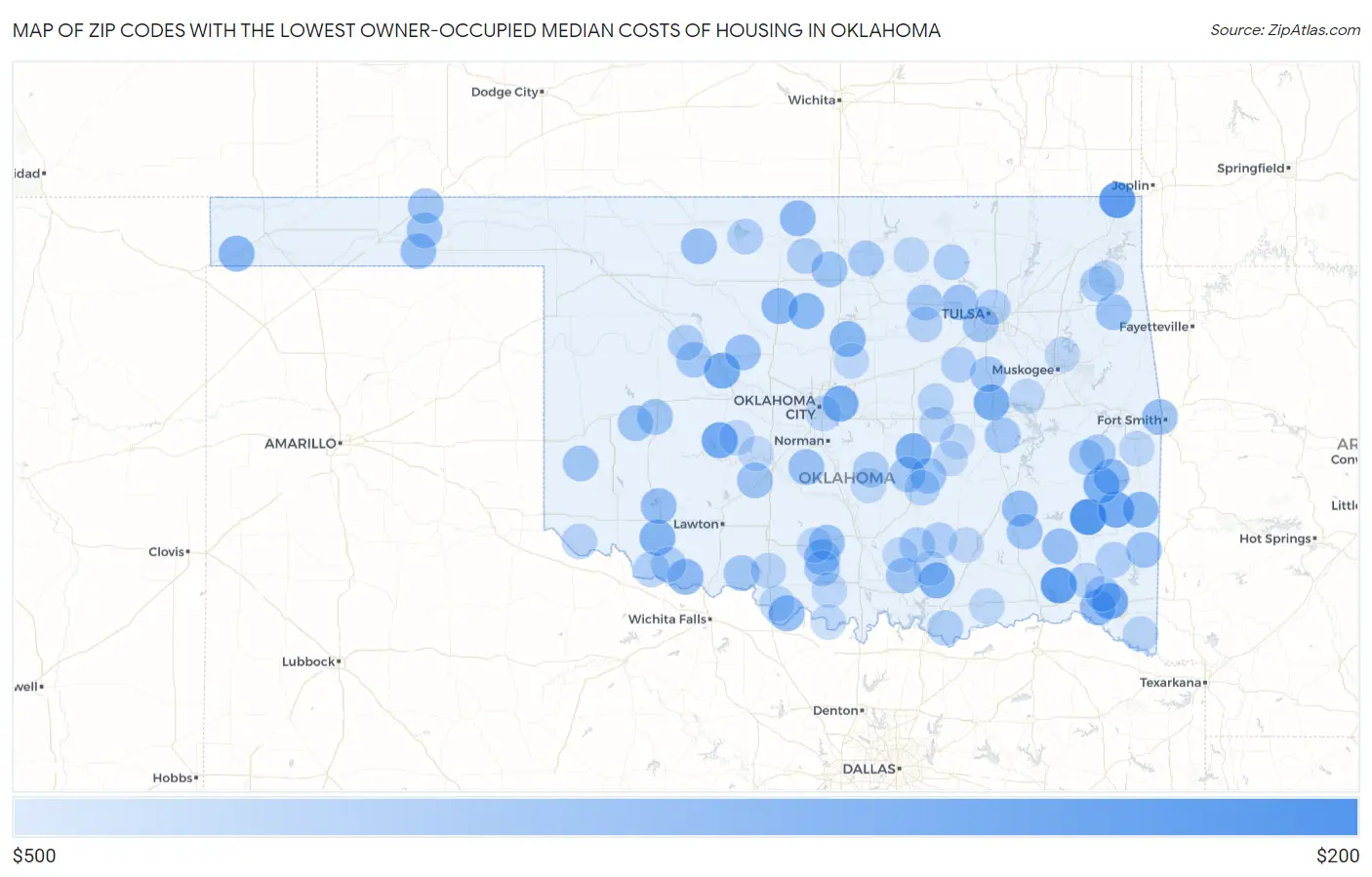 Zip Codes with the Lowest Owner-Occupied Median Costs of Housing in Oklahoma Map