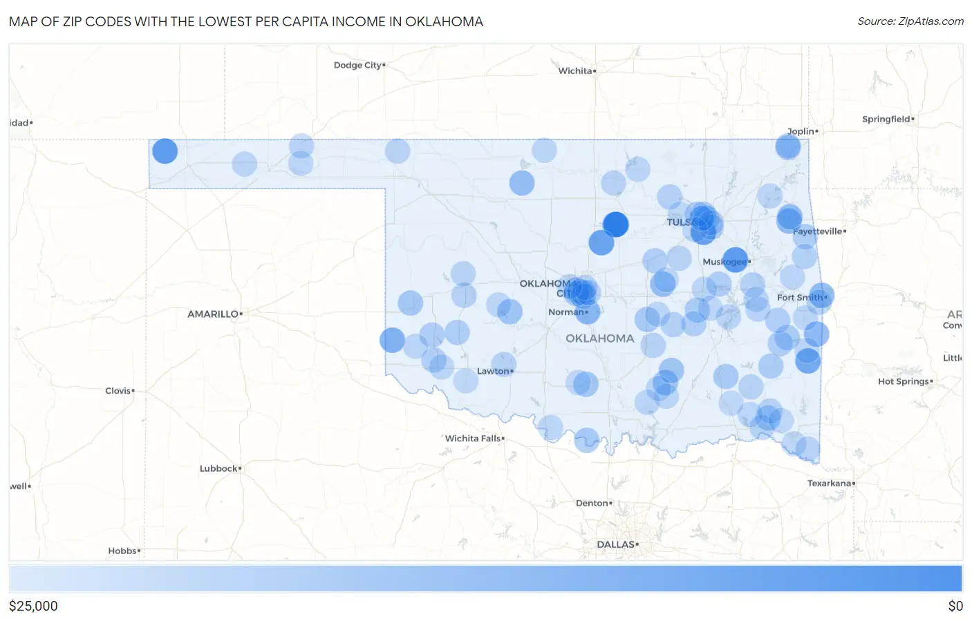 Zip Codes with the Lowest Per Capita Income in Oklahoma Map