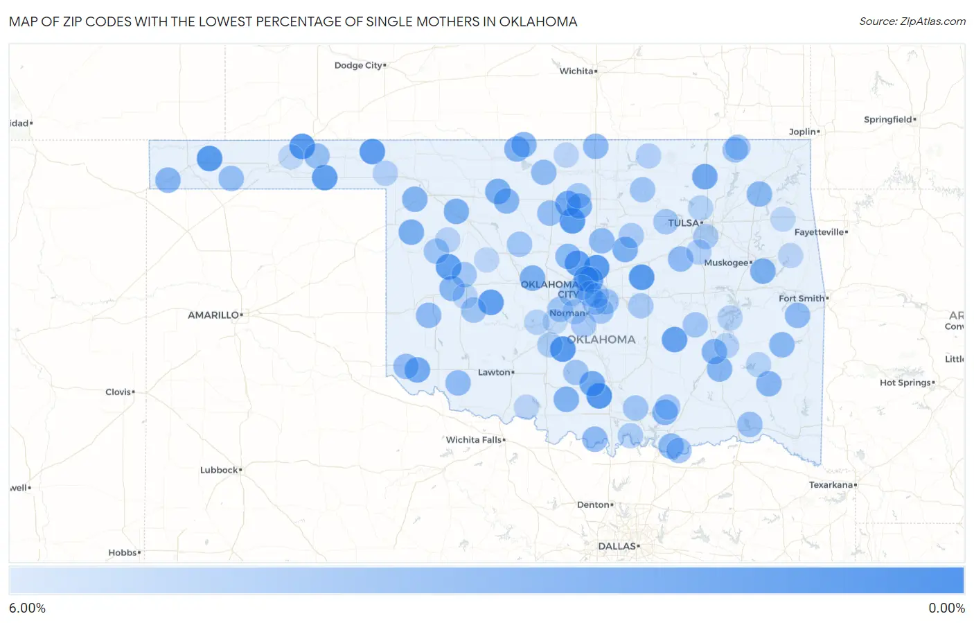 Zip Codes with the Lowest Percentage of Single Mothers in Oklahoma Map