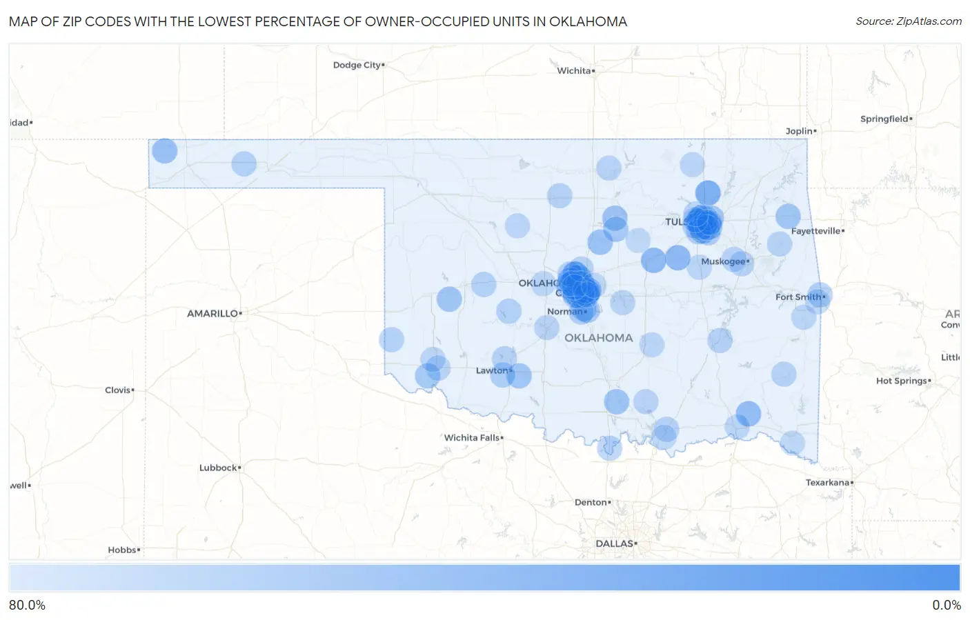 Zip Codes with the Lowest Percentage of Owner-Occupied Units in Oklahoma Map