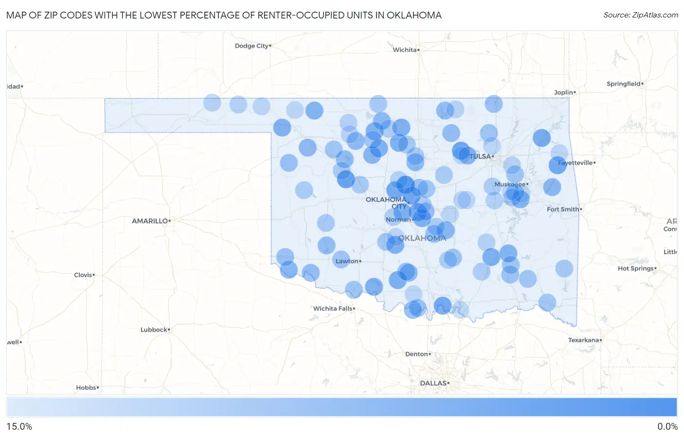Zip Codes with the Lowest Percentage of Renter-Occupied Units in Oklahoma Map