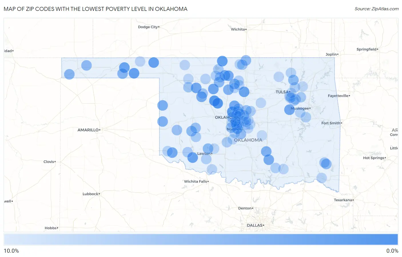 Zip Codes with the Lowest Poverty Level in Oklahoma Map
