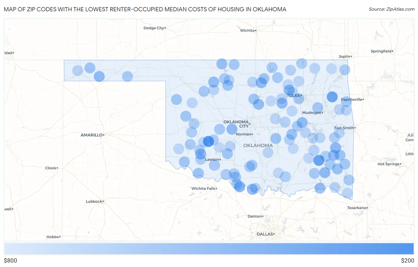 Zip Codes with the Lowest Renter-Occupied Median Costs of Housing in Oklahoma Map