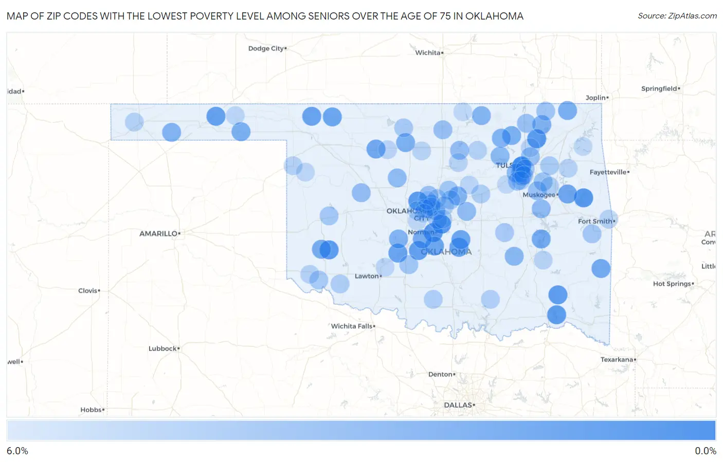 Zip Codes with the Lowest Poverty Level Among Seniors Over the Age of 75 in Oklahoma Map