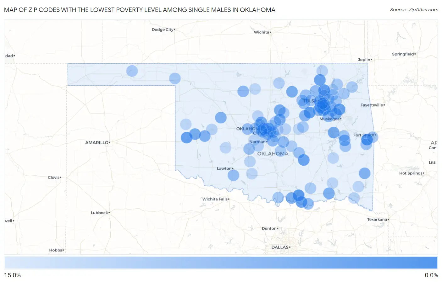Zip Codes with the Lowest Poverty Level Among Single Males in Oklahoma Map