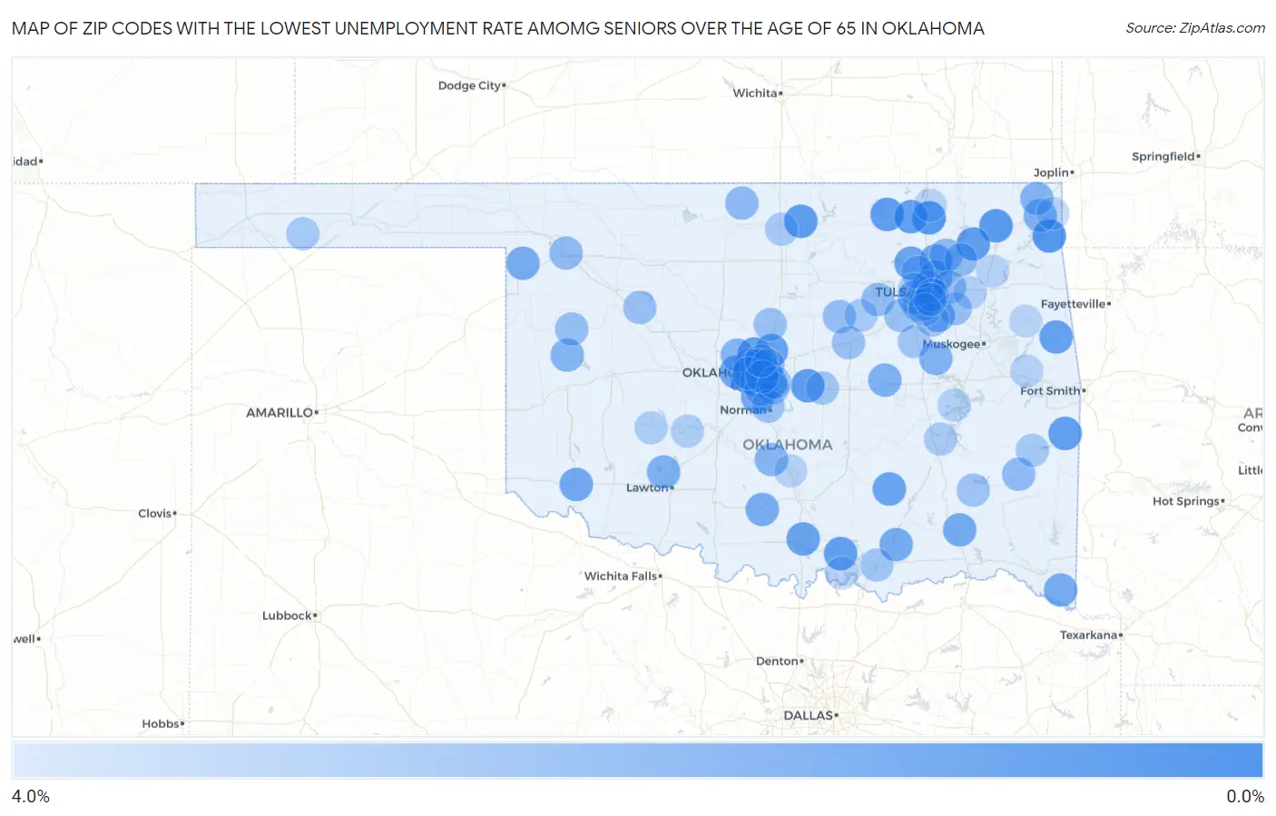 Zip Codes with the Lowest Unemployment Rate Amomg Seniors Over the Age of 65 in Oklahoma Map