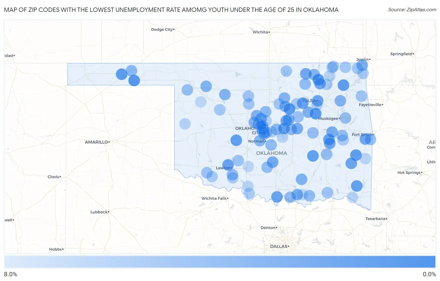 Zip Codes with the Lowest Unemployment Rate Amomg Youth Under the Age of 25 in Oklahoma Map