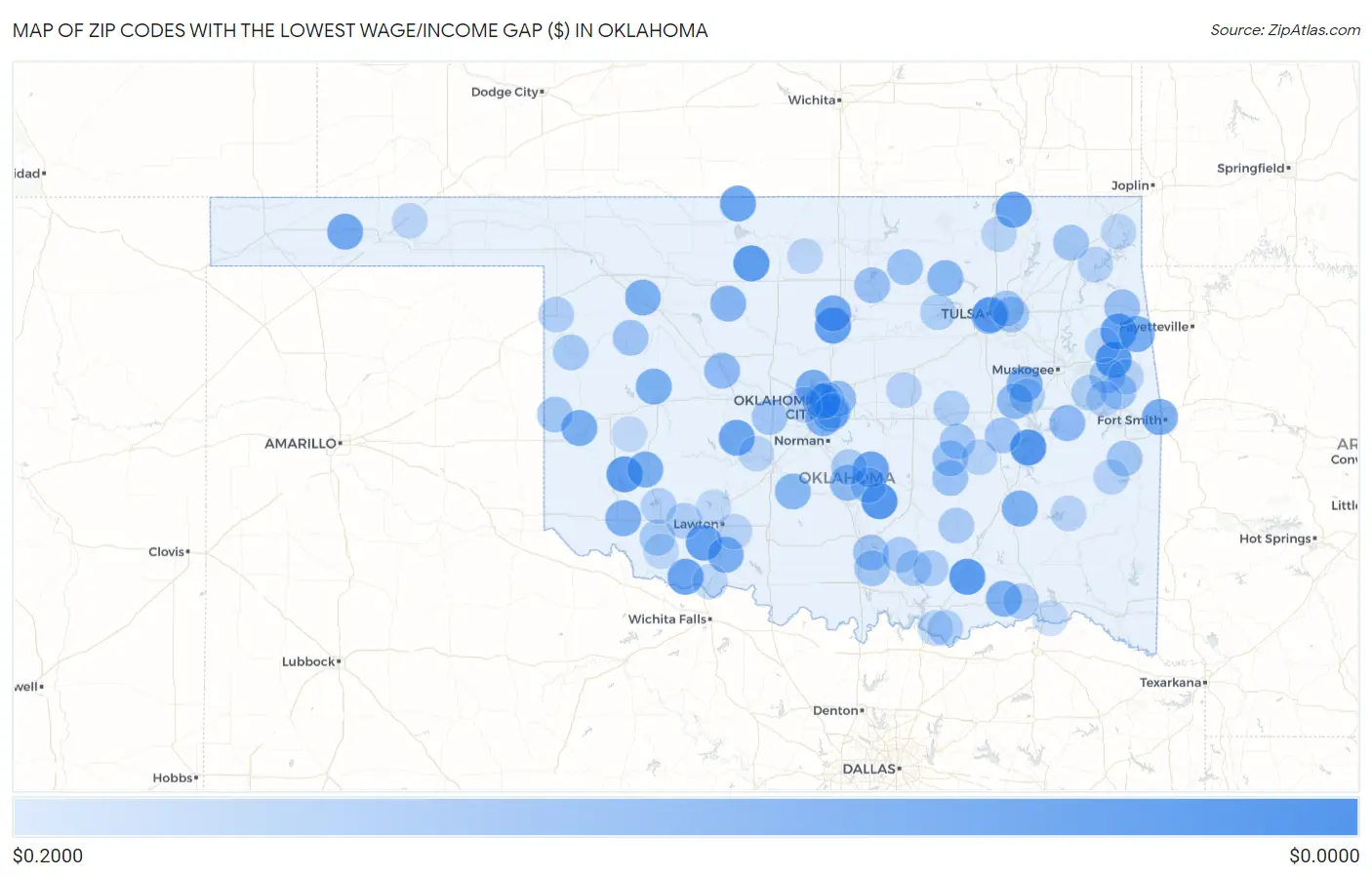 Zip Codes with the Lowest Wage/Income Gap ($) in Oklahoma Map