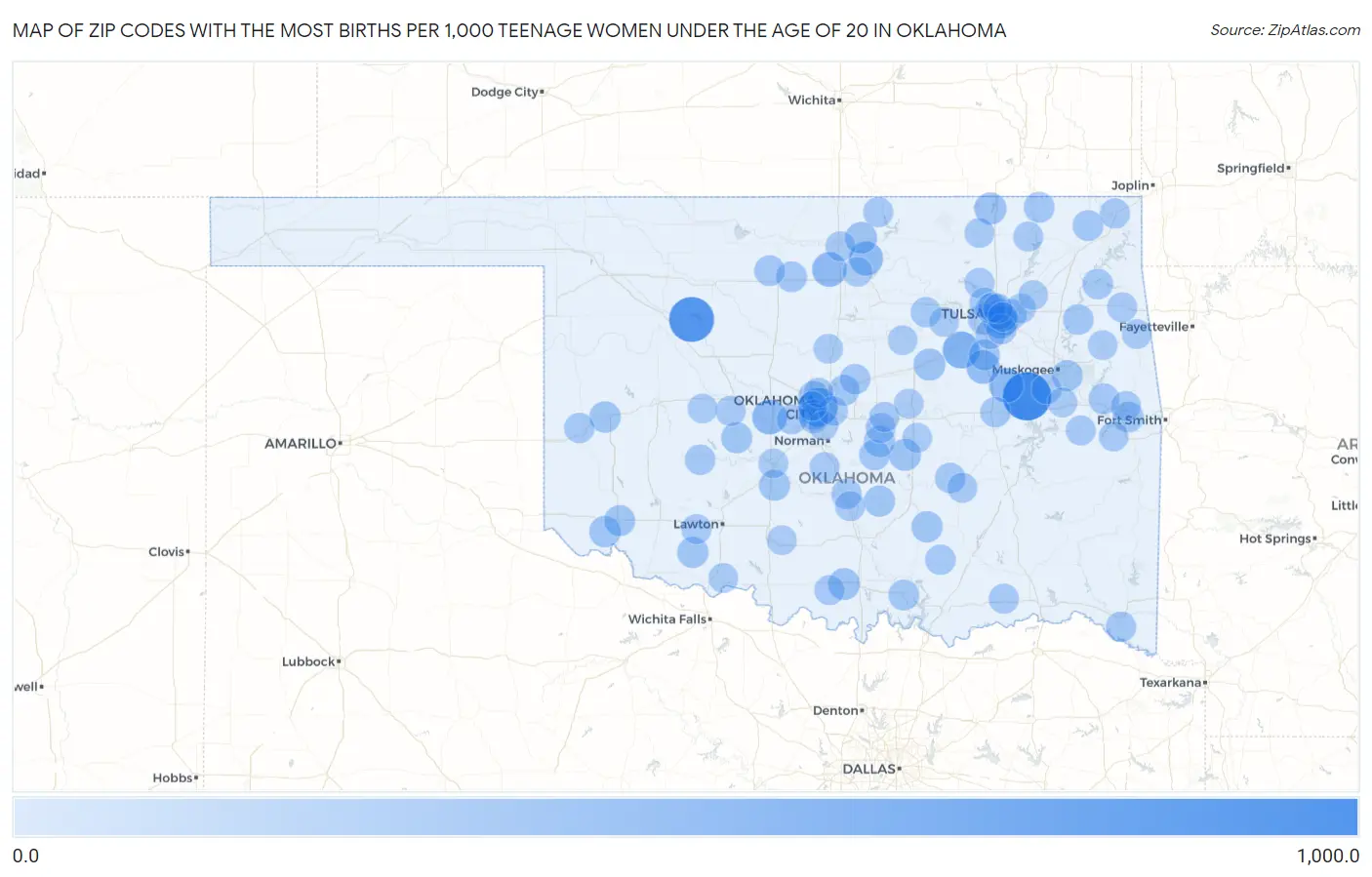 Zip Codes with the Most Births per 1,000 Teenage Women Under the Age of 20 in Oklahoma Map