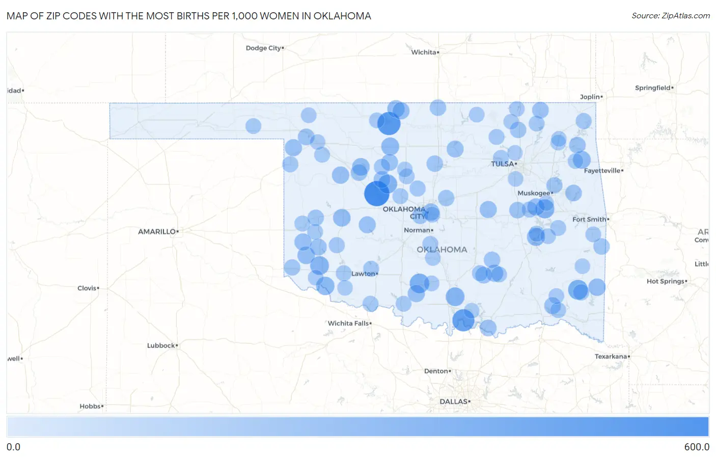 Zip Codes with the Most Births per 1,000 Women in Oklahoma Map