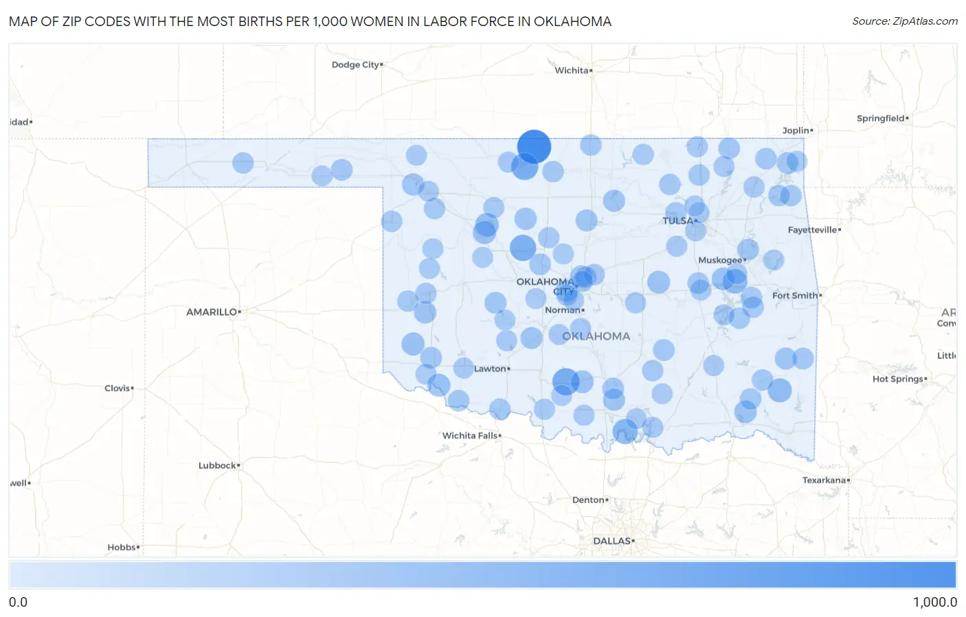 Zip Codes with the Most Births per 1,000 Women in Labor Force in Oklahoma Map