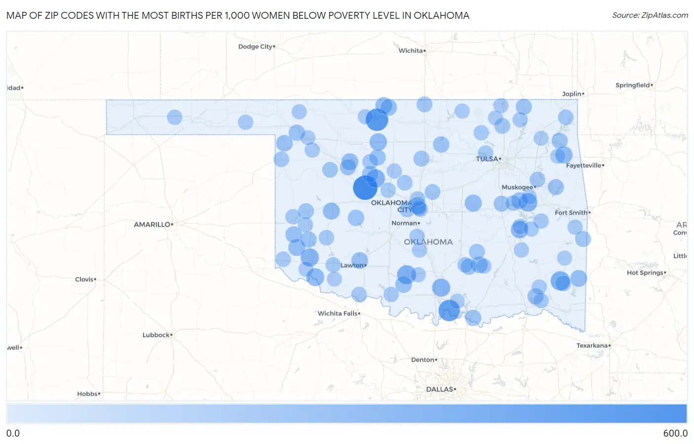Zip Codes with the Most Births per 1,000 Women Below Poverty Level in Oklahoma Map