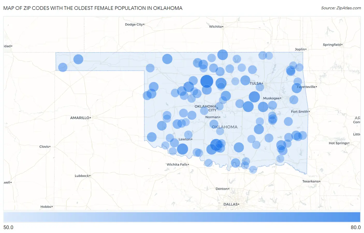Zip Codes with the Oldest Female Population in Oklahoma Map