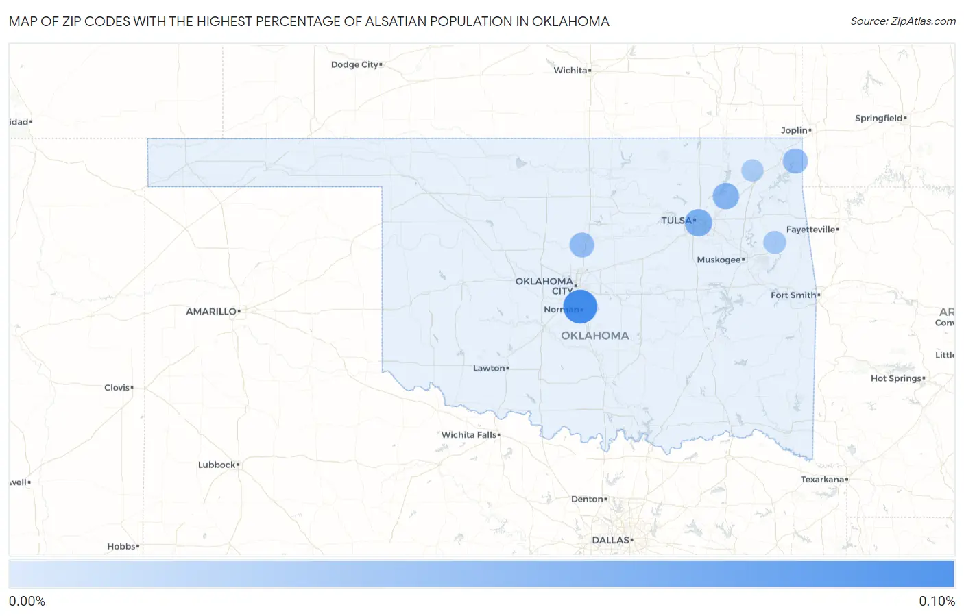 Zip Codes with the Highest Percentage of Alsatian Population in Oklahoma Map