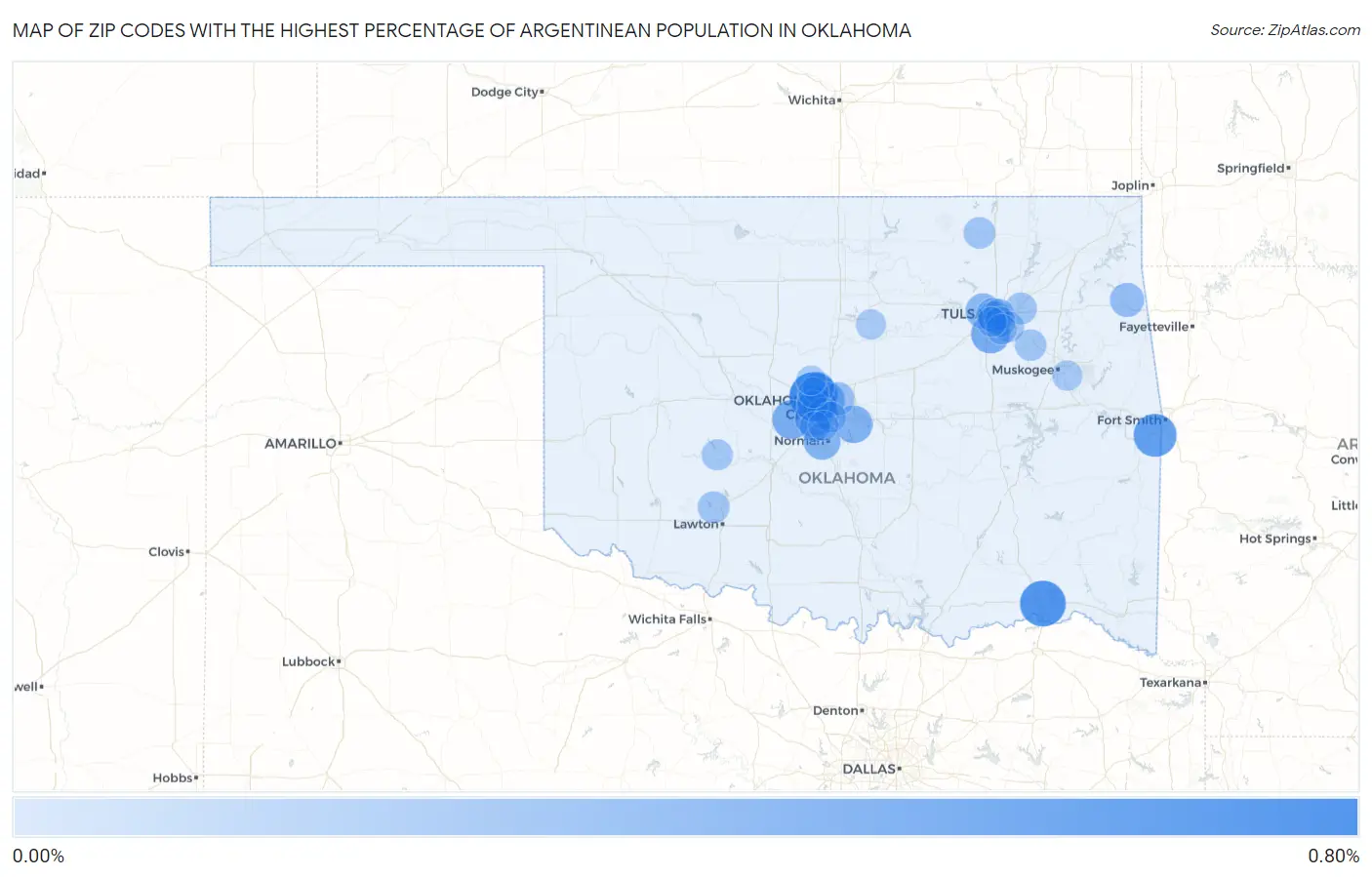 Zip Codes with the Highest Percentage of Argentinean Population in Oklahoma Map