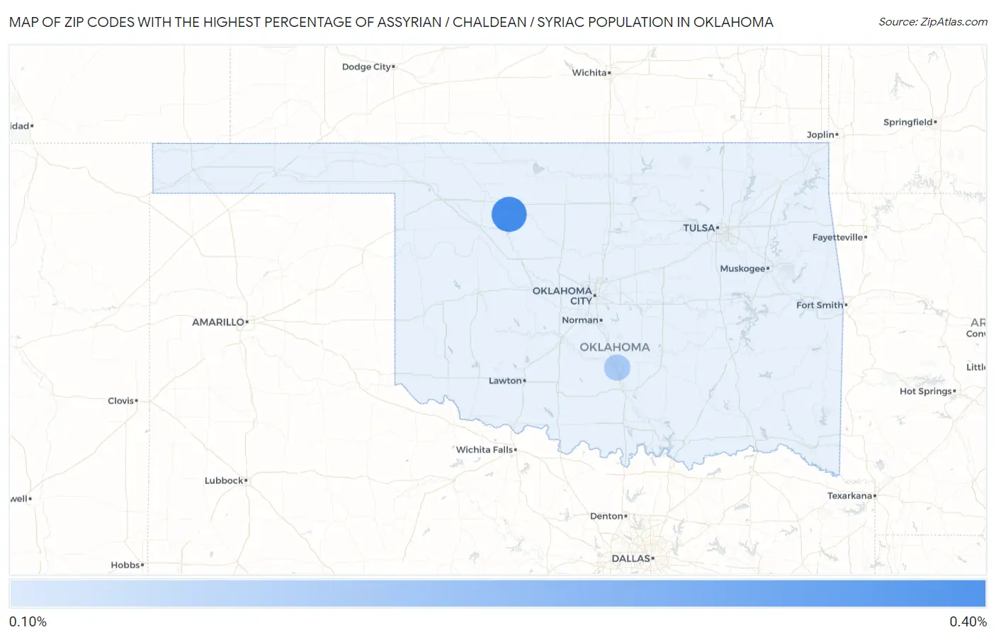 Zip Codes with the Highest Percentage of Assyrian / Chaldean / Syriac Population in Oklahoma Map