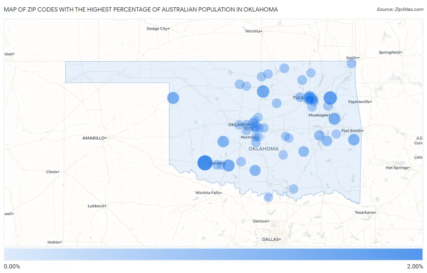 Zip Codes with the Highest Percentage of Australian Population in Oklahoma Map