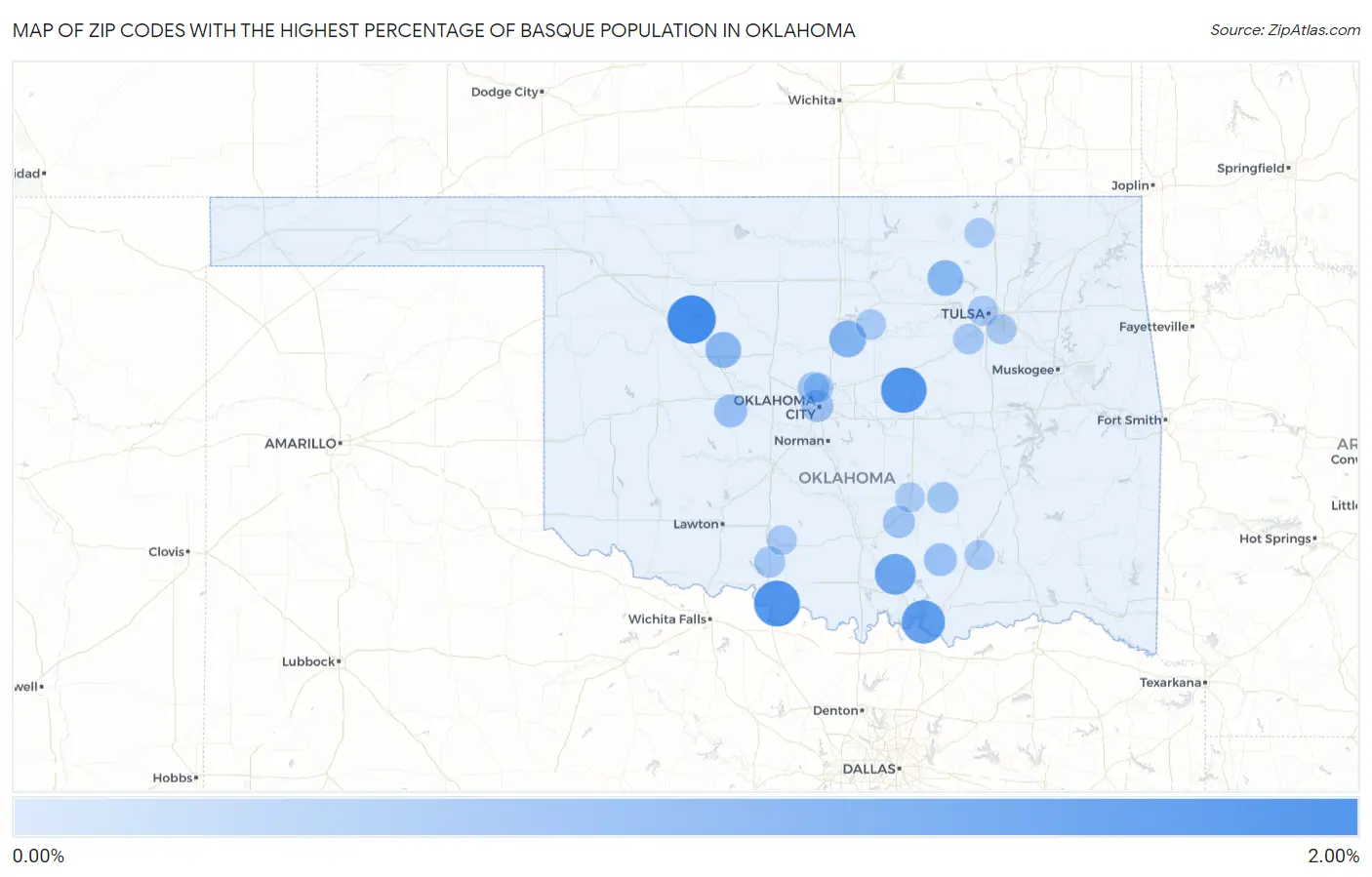 Zip Codes with the Highest Percentage of Basque Population in Oklahoma Map