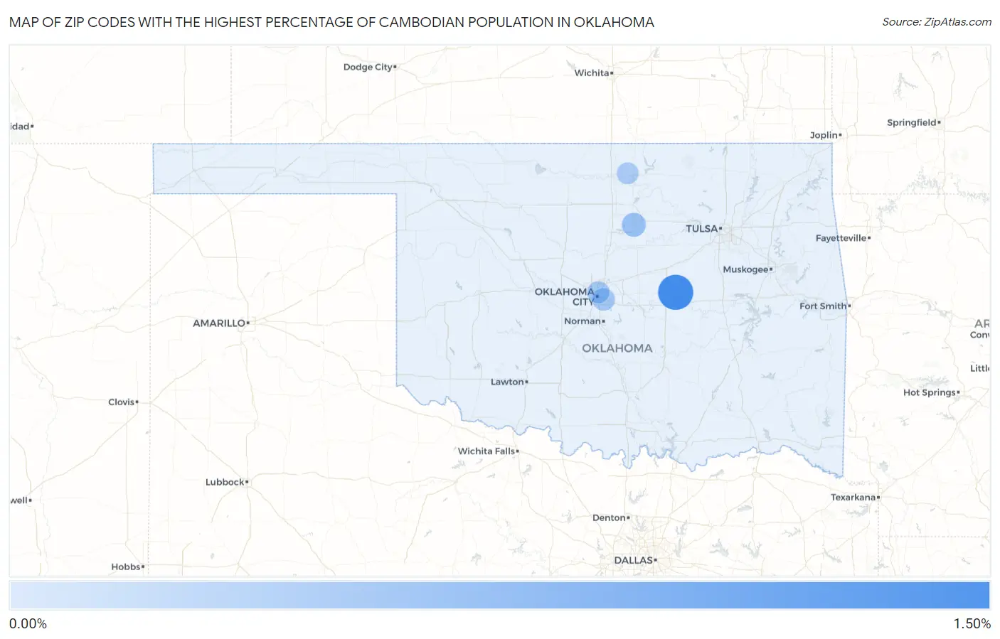 Zip Codes with the Highest Percentage of Cambodian Population in Oklahoma Map