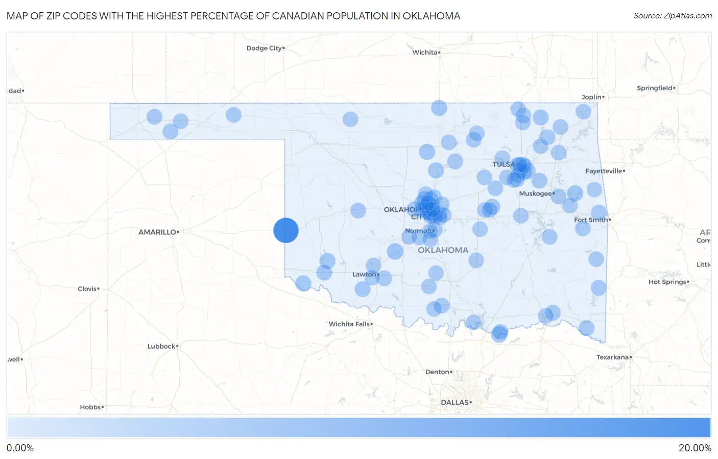 Zip Codes with the Highest Percentage of Canadian Population in Oklahoma Map
