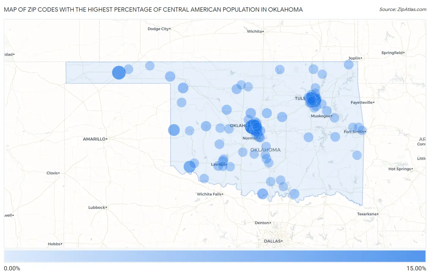 Zip Codes with the Highest Percentage of Central American Population in Oklahoma Map