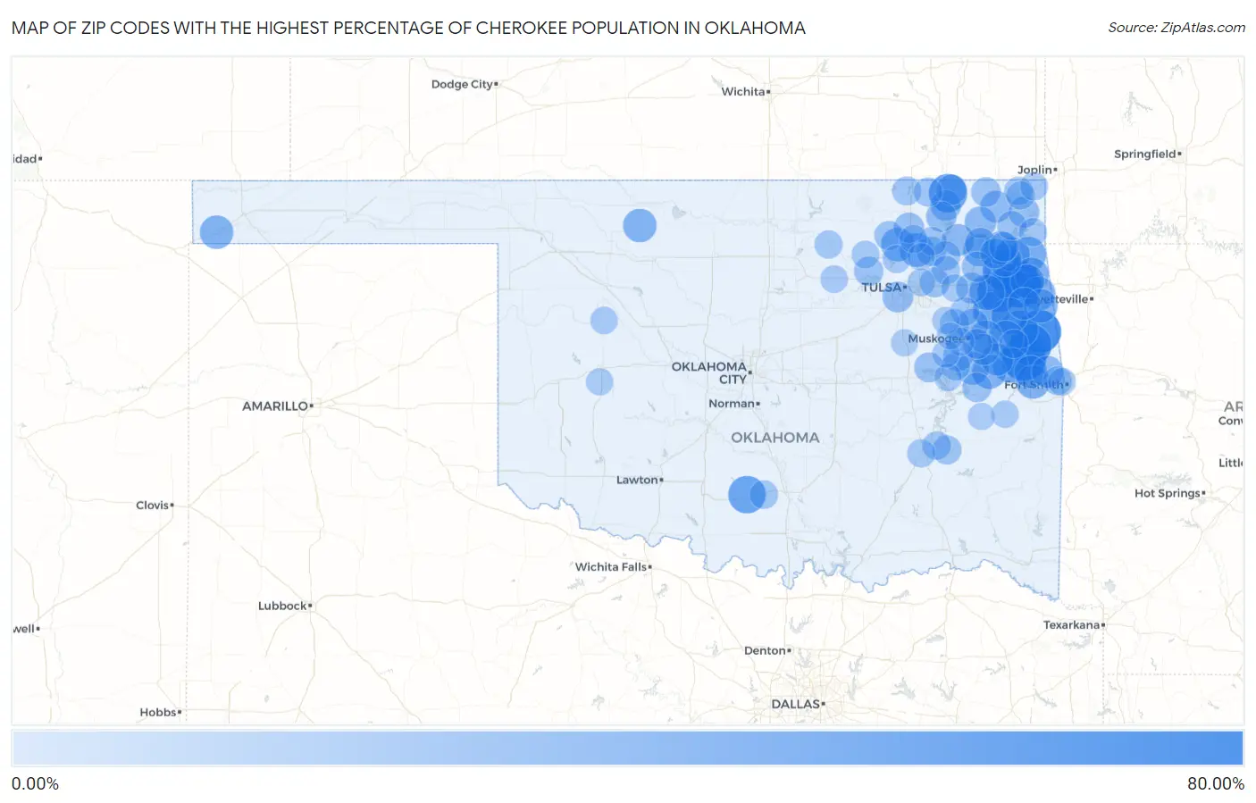Zip Codes with the Highest Percentage of Cherokee Population in Oklahoma Map