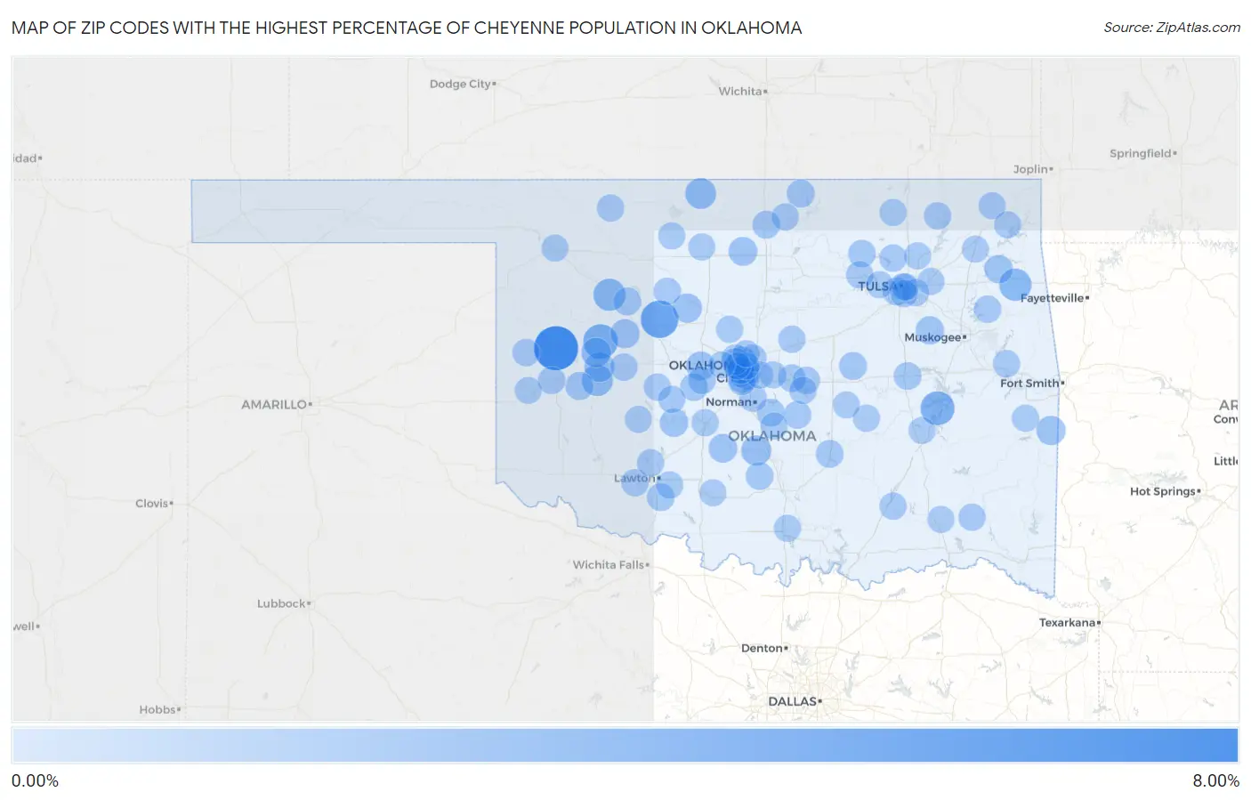 Zip Codes with the Highest Percentage of Cheyenne Population in Oklahoma Map