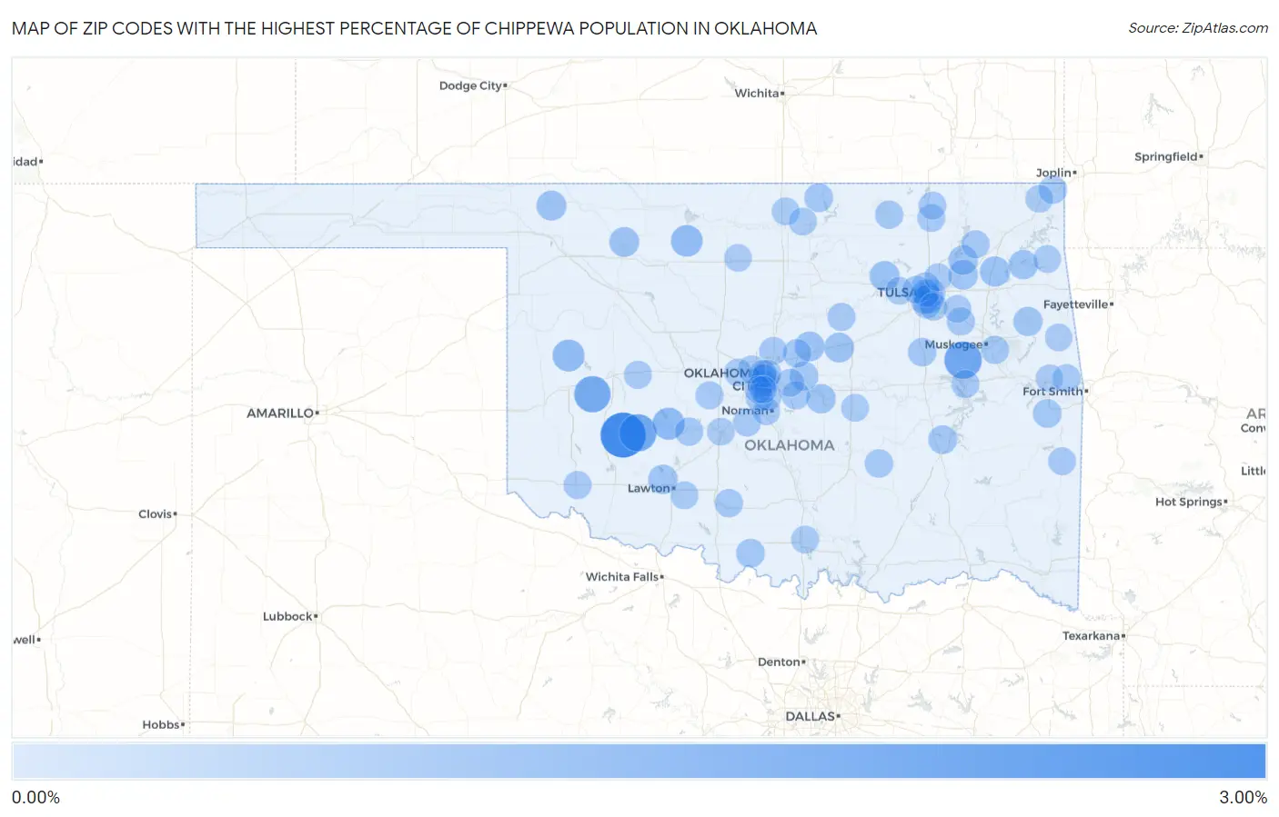 Zip Codes with the Highest Percentage of Chippewa Population in Oklahoma Map