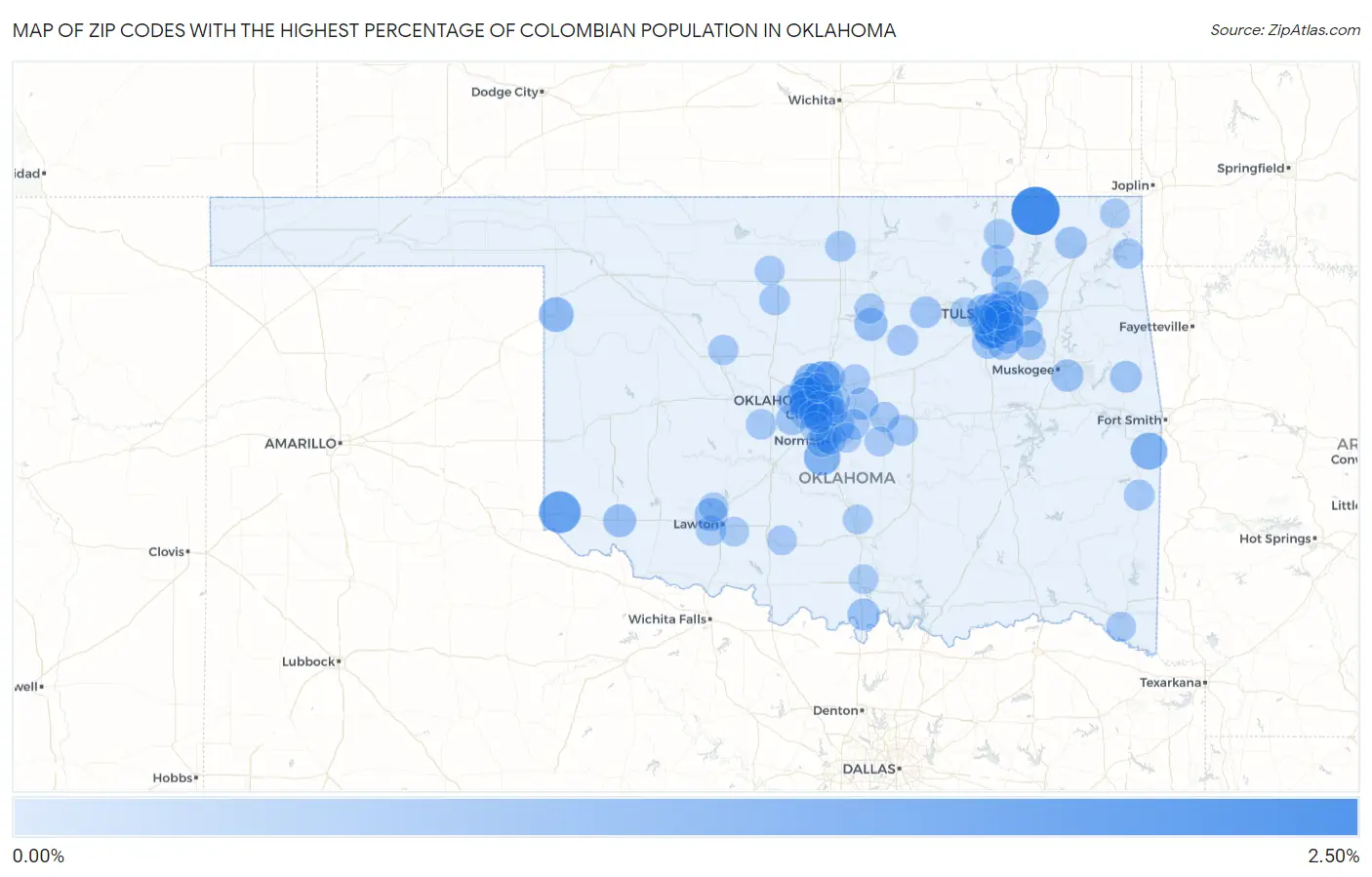 Zip Codes with the Highest Percentage of Colombian Population in Oklahoma Map