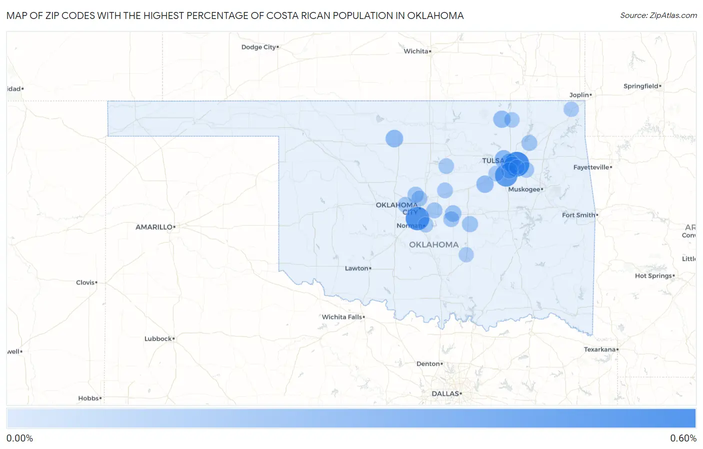 Zip Codes with the Highest Percentage of Costa Rican Population in Oklahoma Map