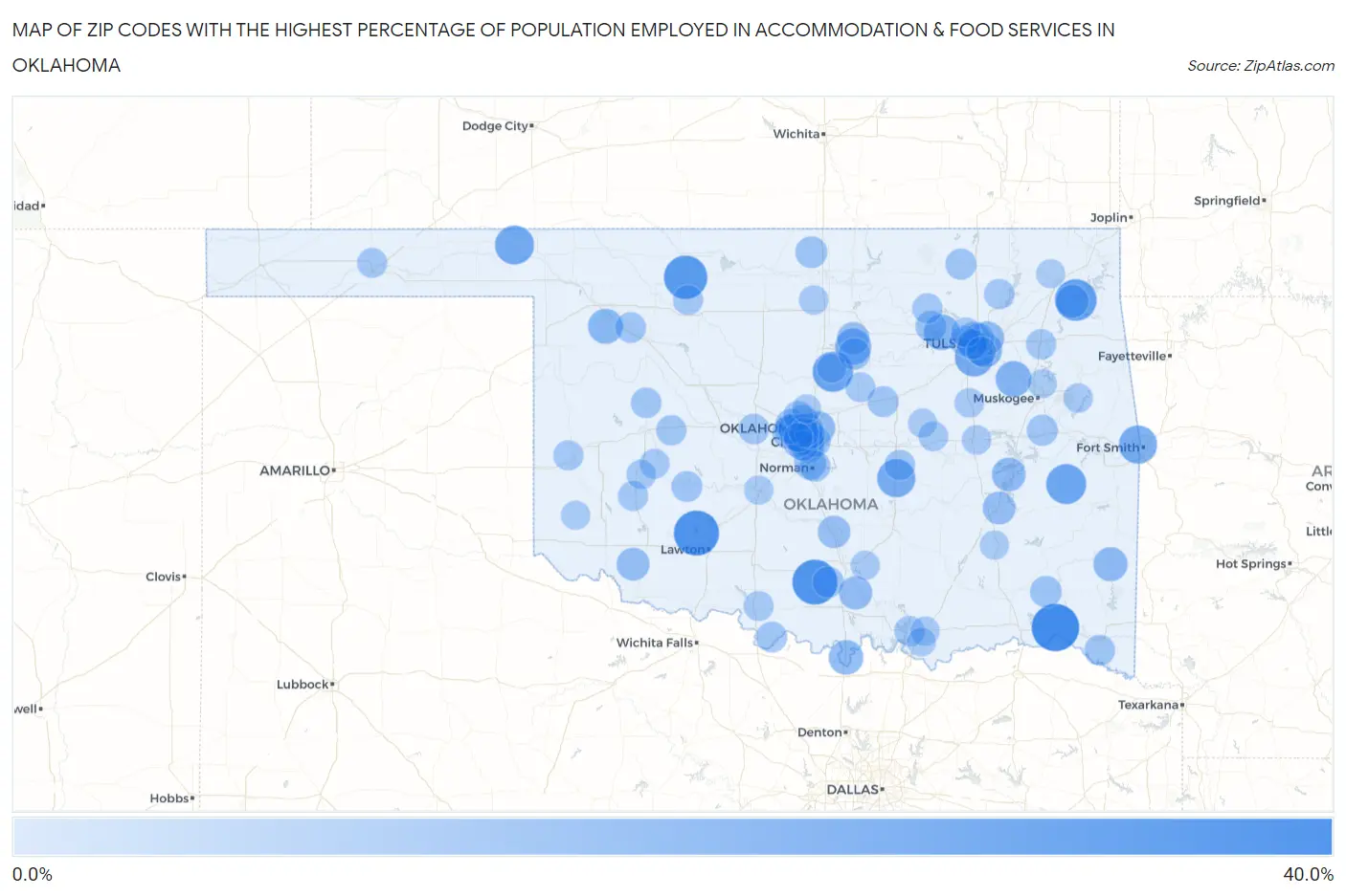 Zip Codes with the Highest Percentage of Population Employed in Accommodation & Food Services in Oklahoma Map