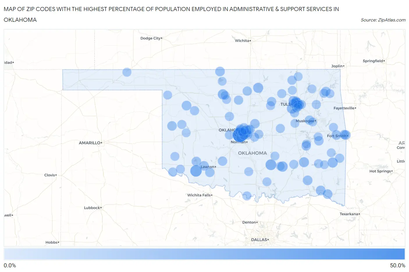 Zip Codes with the Highest Percentage of Population Employed in Administrative & Support Services in Oklahoma Map