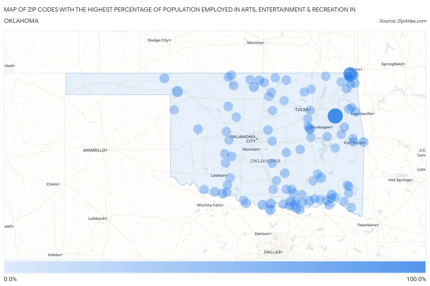 Zip Codes with the Highest Percentage of Population Employed in Arts, Entertainment & Recreation in Oklahoma Map