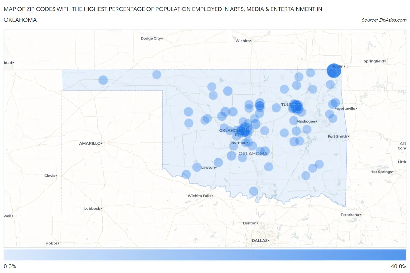 Zip Codes with the Highest Percentage of Population Employed in Arts, Media & Entertainment in Oklahoma Map