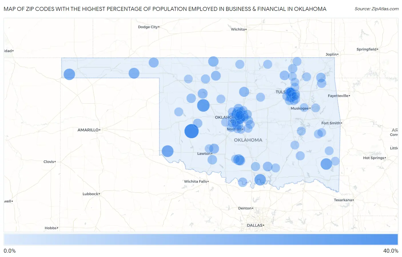 Zip Codes with the Highest Percentage of Population Employed in Business & Financial in Oklahoma Map