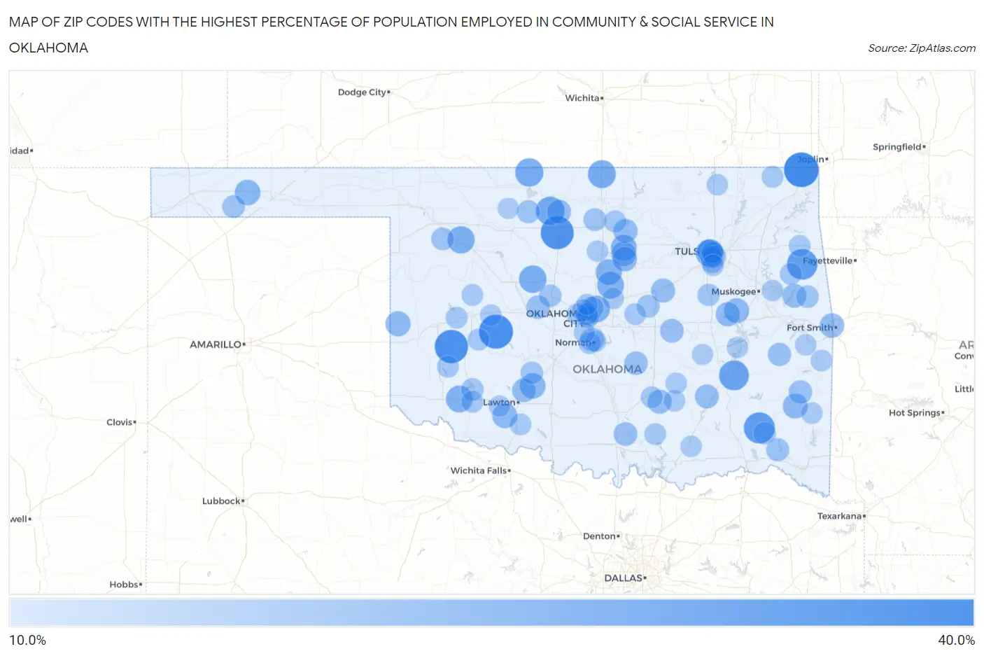Zip Codes with the Highest Percentage of Population Employed in Community & Social Service  in Oklahoma Map