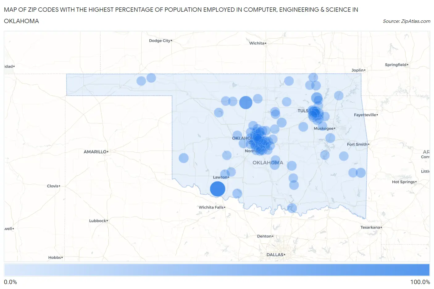 Zip Codes with the Highest Percentage of Population Employed in Computer, Engineering & Science in Oklahoma Map