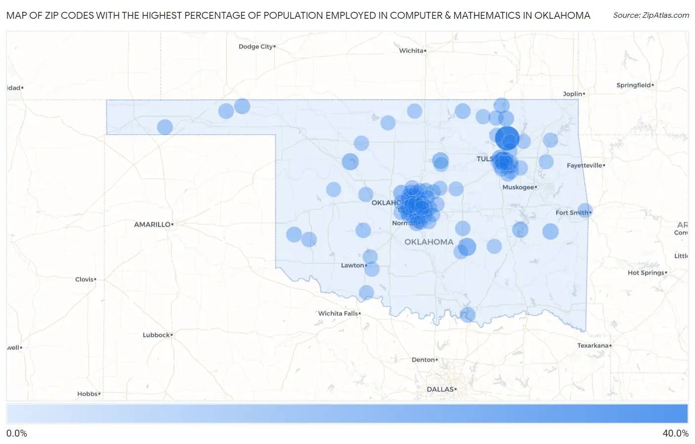 Zip Codes with the Highest Percentage of Population Employed in Computer & Mathematics in Oklahoma Map